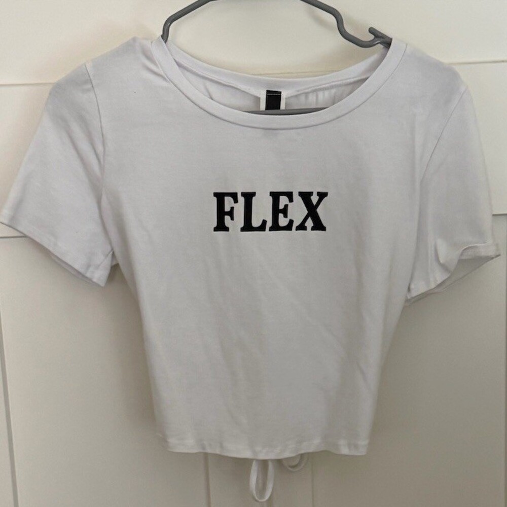 T-Shirt Womens L White FLEX Graphic Cropped Open Back Tie-Up